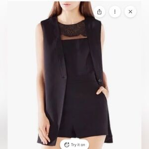 BCBGMaxAzria Black tuxedo romper with lace neckline